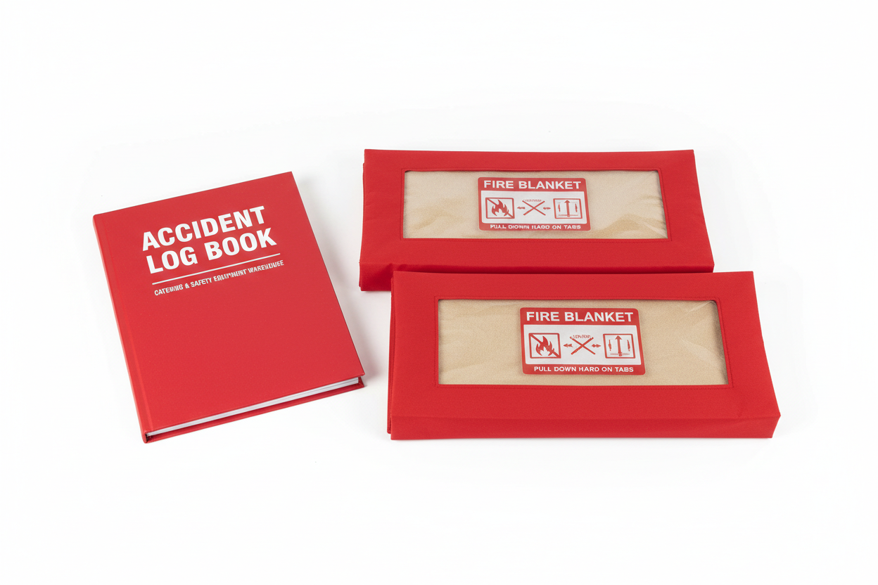accident log book and fire blankets