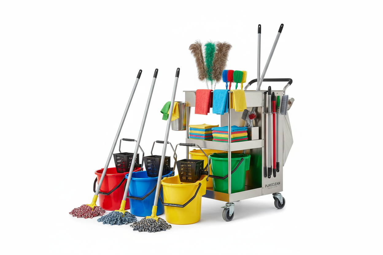 Cleaning tools to include colour coded mops, colour coded mop buckets, dusters, cleaning cloths, janitorial trollies