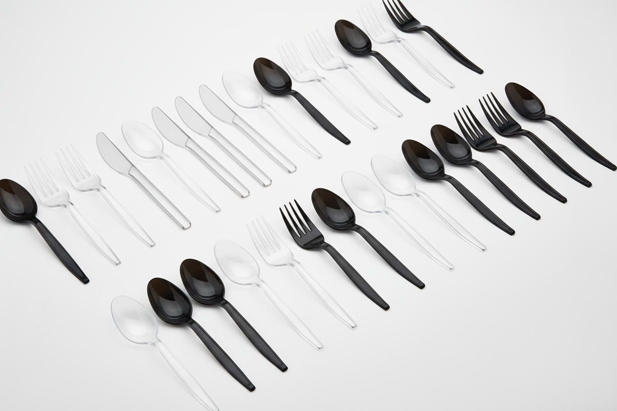 clear and black disposable knives forks and spoons 