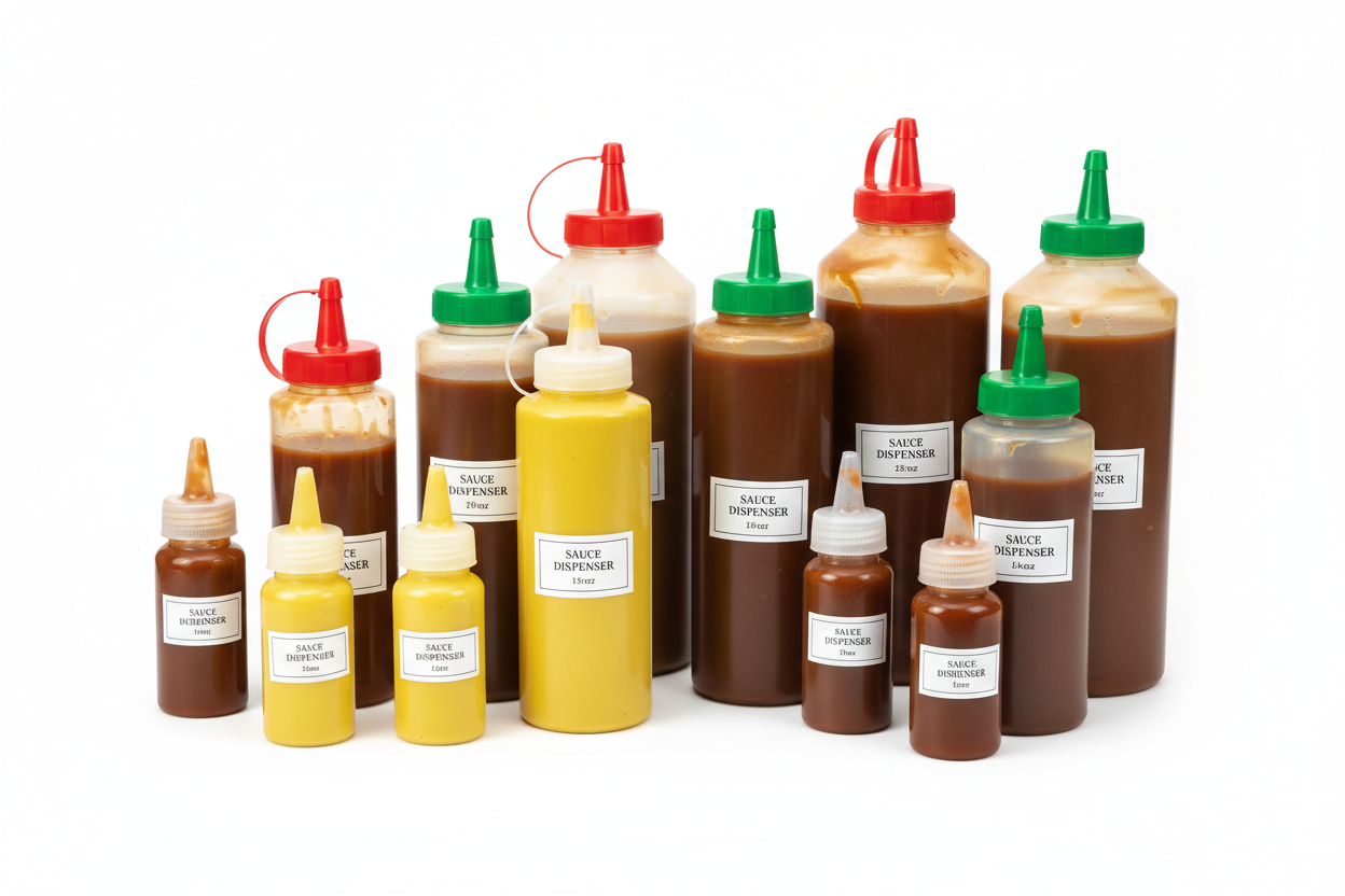 clear yellow and brown sauce squeezy bottles in various sizes 