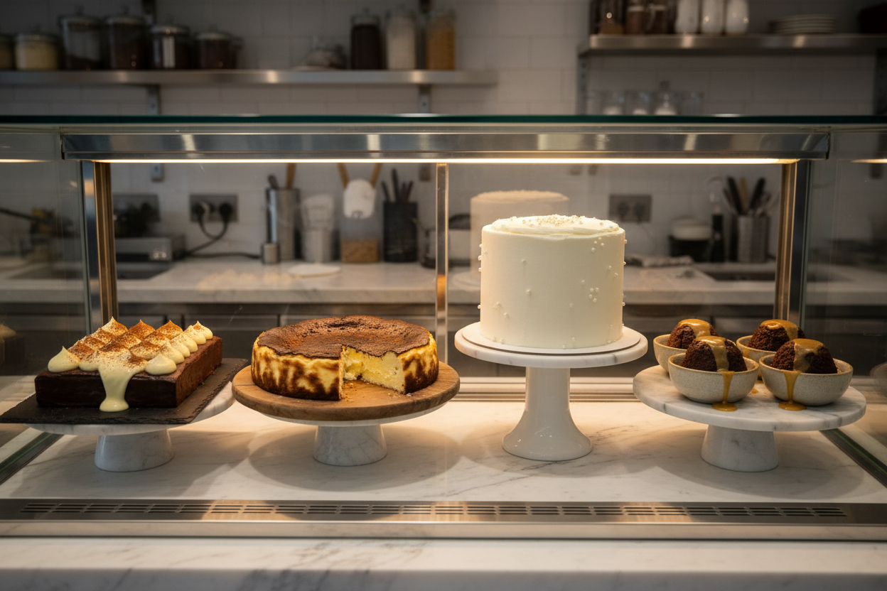display a chocolate tray bake and custard, san sabastian cheesecake, white matilda cake and a sticky toffee pudding and custard in a dessert shop environment