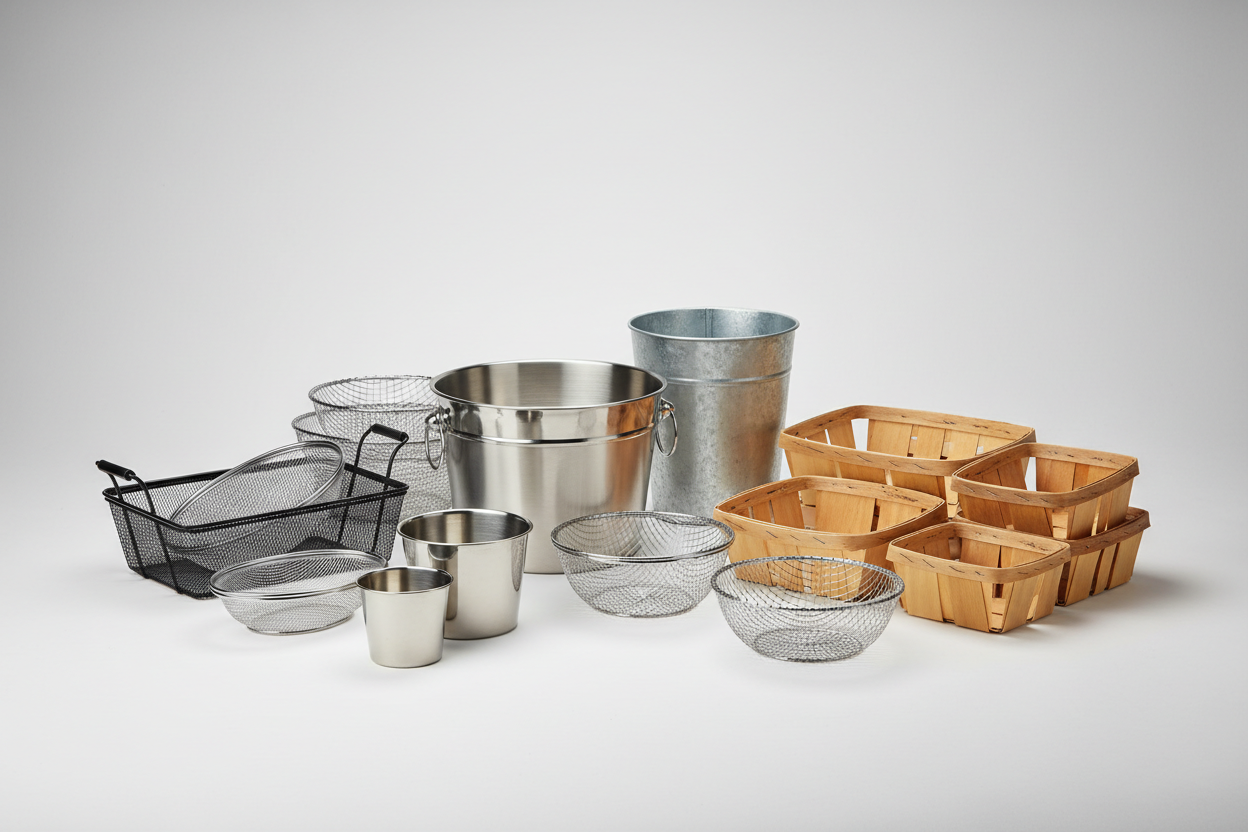 display a variety food presentation baskets and buckets 