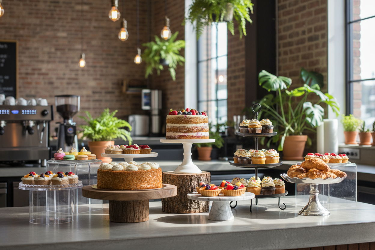 display a variety of cake stands in a cafe environment 