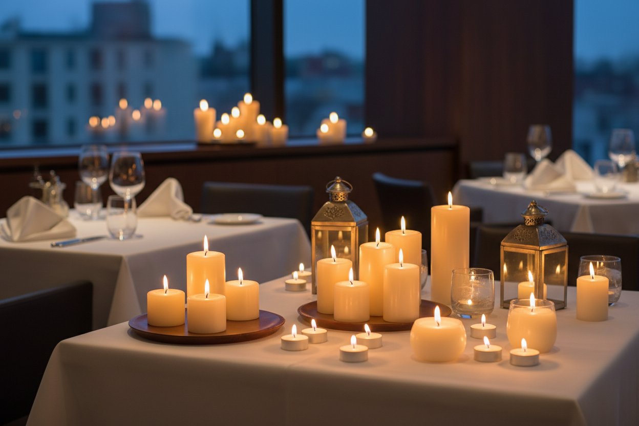 display a variety of candles and tea lights in a restaurant environment 