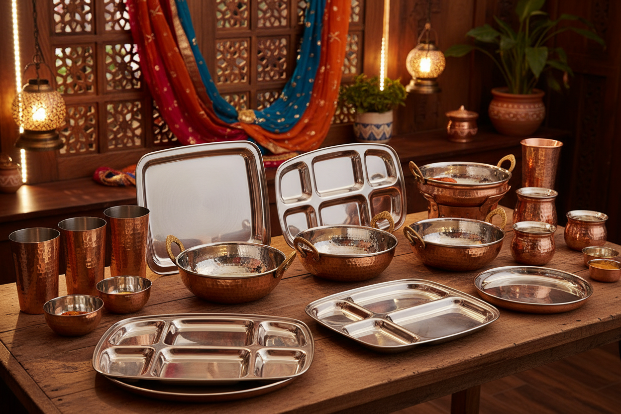 display a variety of copper and stainless steel food presentation products in an Indian restaurant environment  