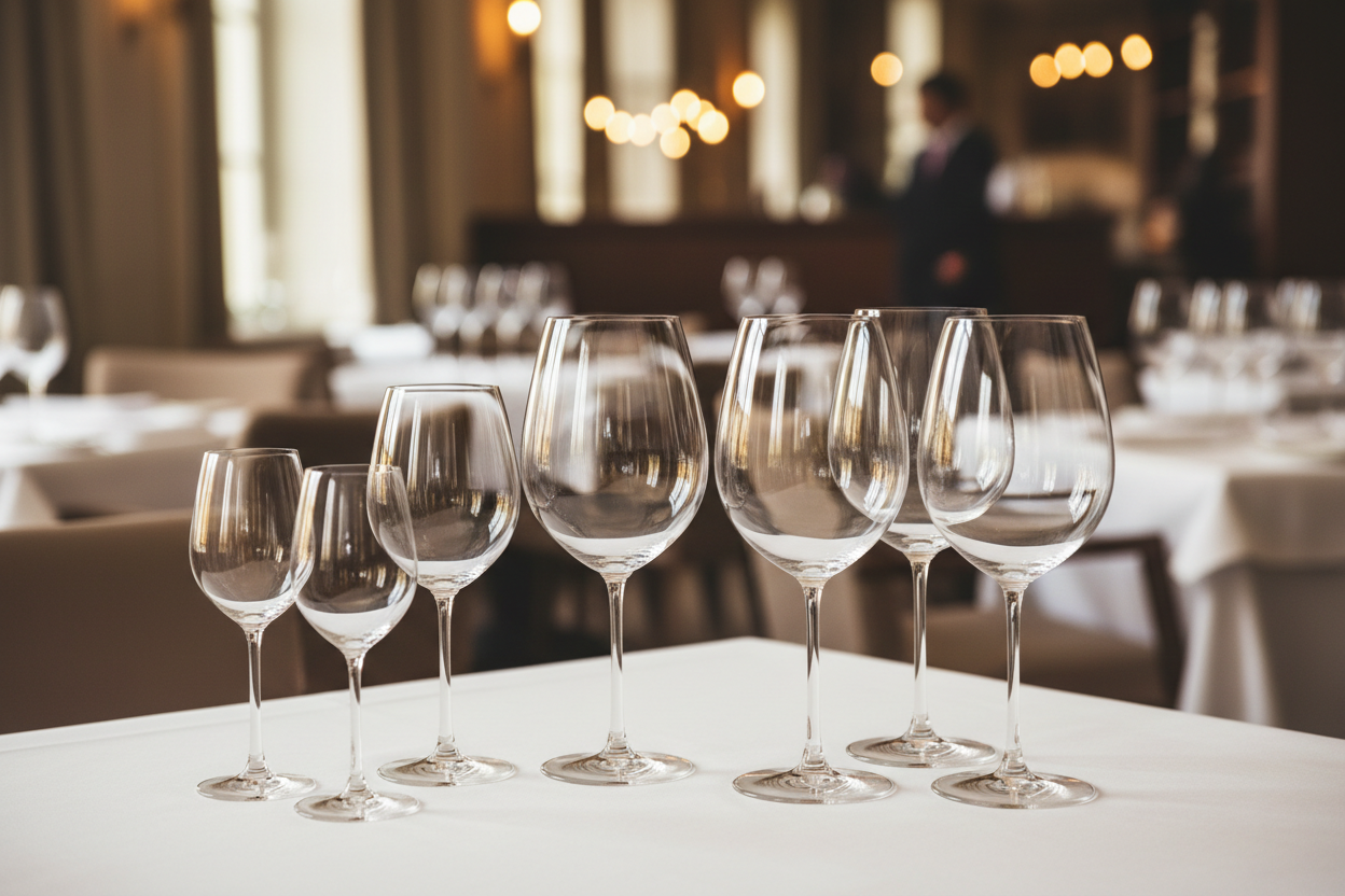 display a variety of different sized wine glasses in a restaurant environment 