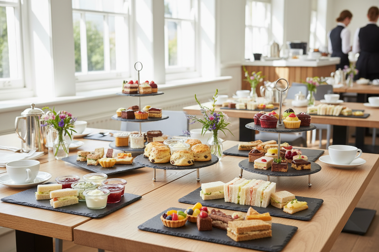 Display a variety of slate food display items in a commercial tea room 