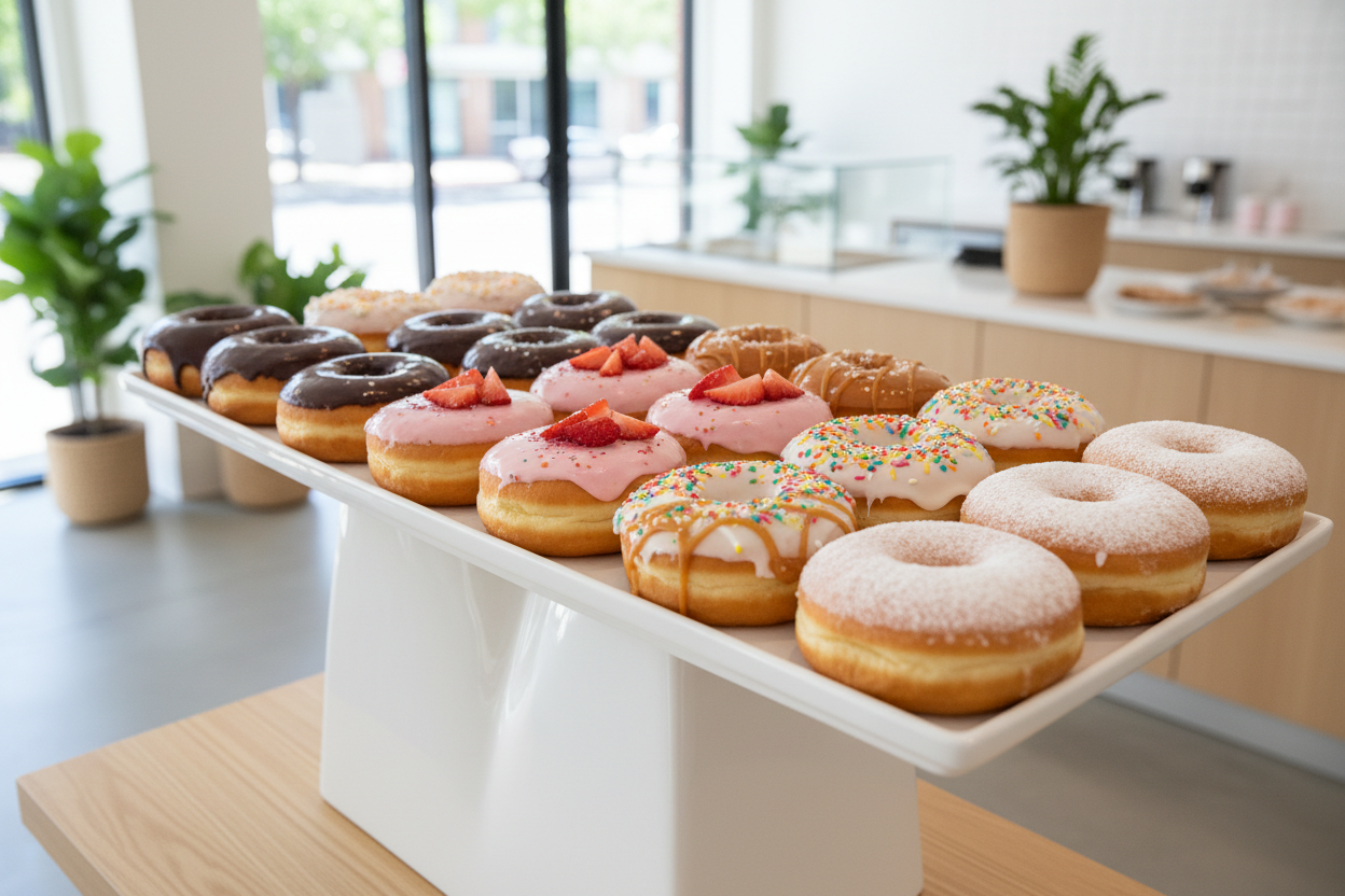 Display a variety of topped doughnuts in a dessert shop environment 