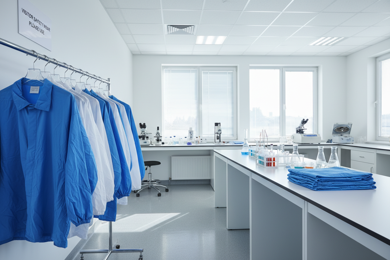 display blue and white disposable visitors jackets in a lab environment