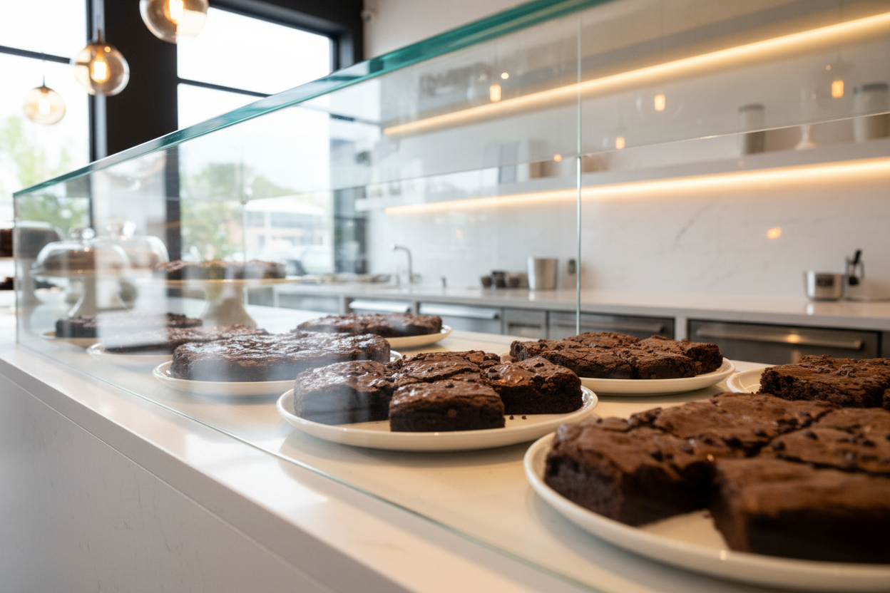 display chocolate brownies in a dessert shop environment