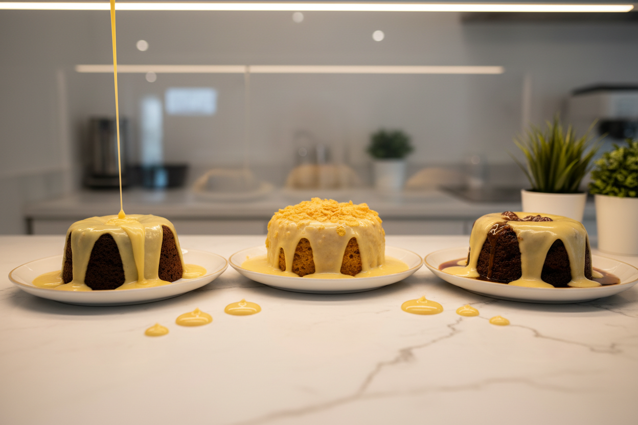 display chocolate sponge and custard along with cornflake cake and custard and sticky toffee pudding and custard in a dessert shop environment 