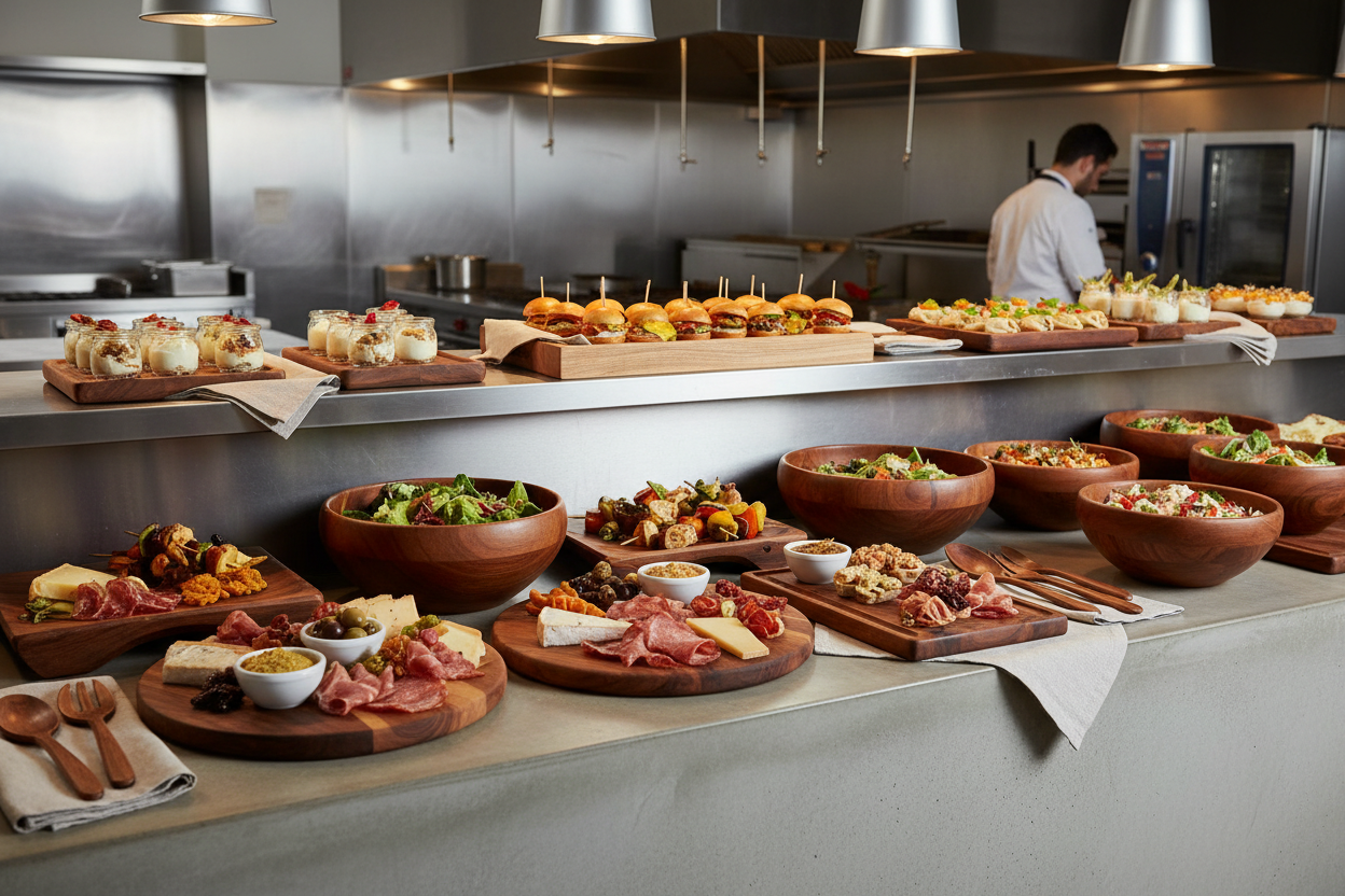 display in a commercial restaurant various wooden food presentation products  