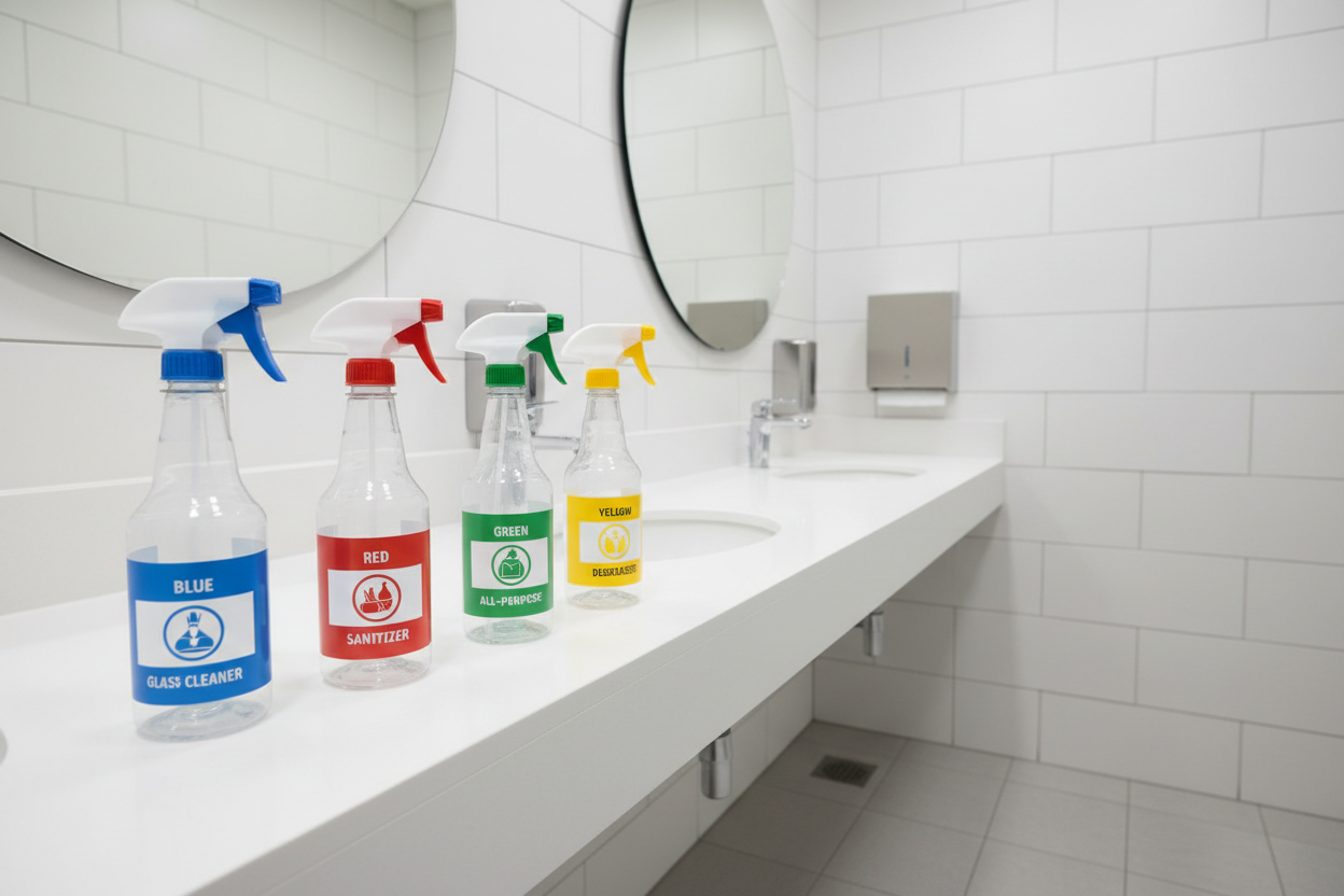 display in a washroom environment empty colour coded trigger spray bottles in colours blue red green and yellow 