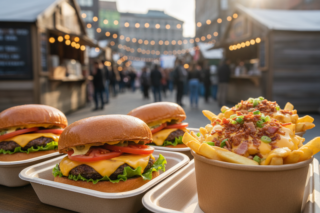 display kraft cardboard food strays with burgers in and also round kraft trays with loaded fries in a street food environment