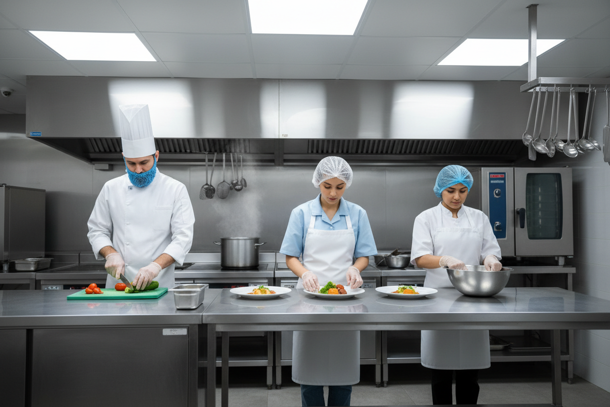 display on people blue beard snoods and also white hairnets and blue hairnets in a food serving environment