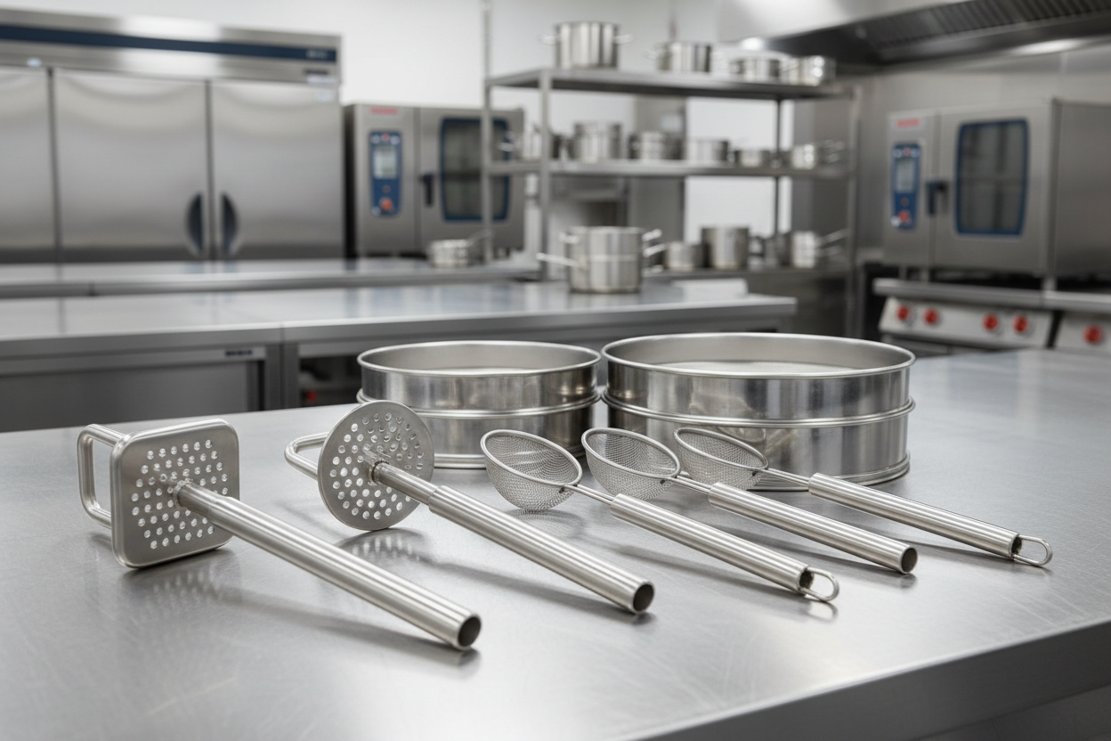 display professional potato square and round head mashers, wire skimmers and tamis sieves in a commercial kitchen environment 