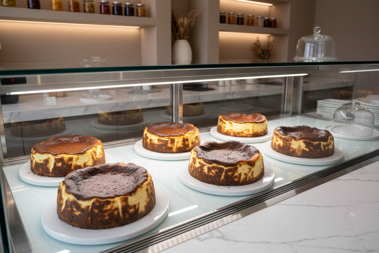 display San Sebastian cheesecakes in a dessert shop environment 