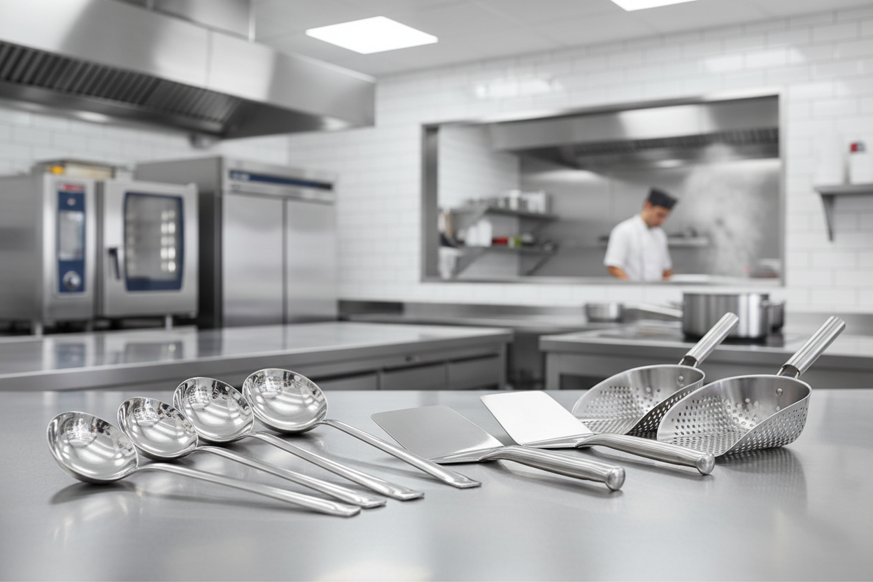 display various catering ladles , serving spoons, burger flippers, chip scoops in a commercial kitchen environmentn 