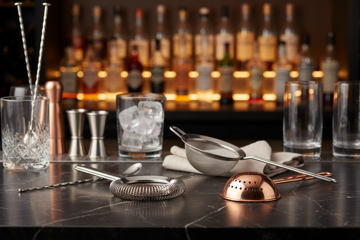 display various cocktail strainers in a cocktail bar environment 