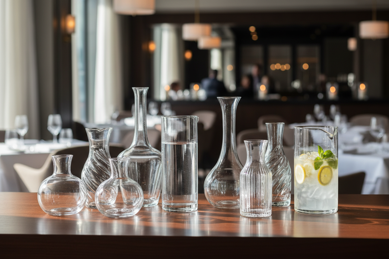 display various different pitchers, glass jugs and carafes in a restaurant environment 