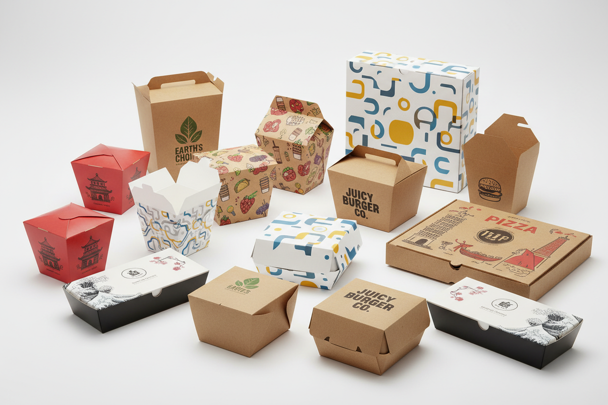 display various different printed takeaway packing boxes