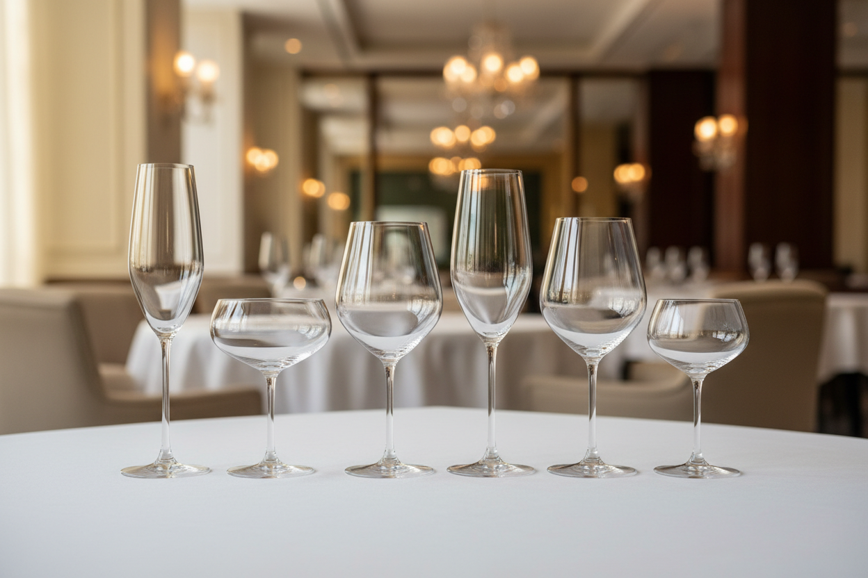 Display various different sizes of champagne flutes in a restaurant environment 