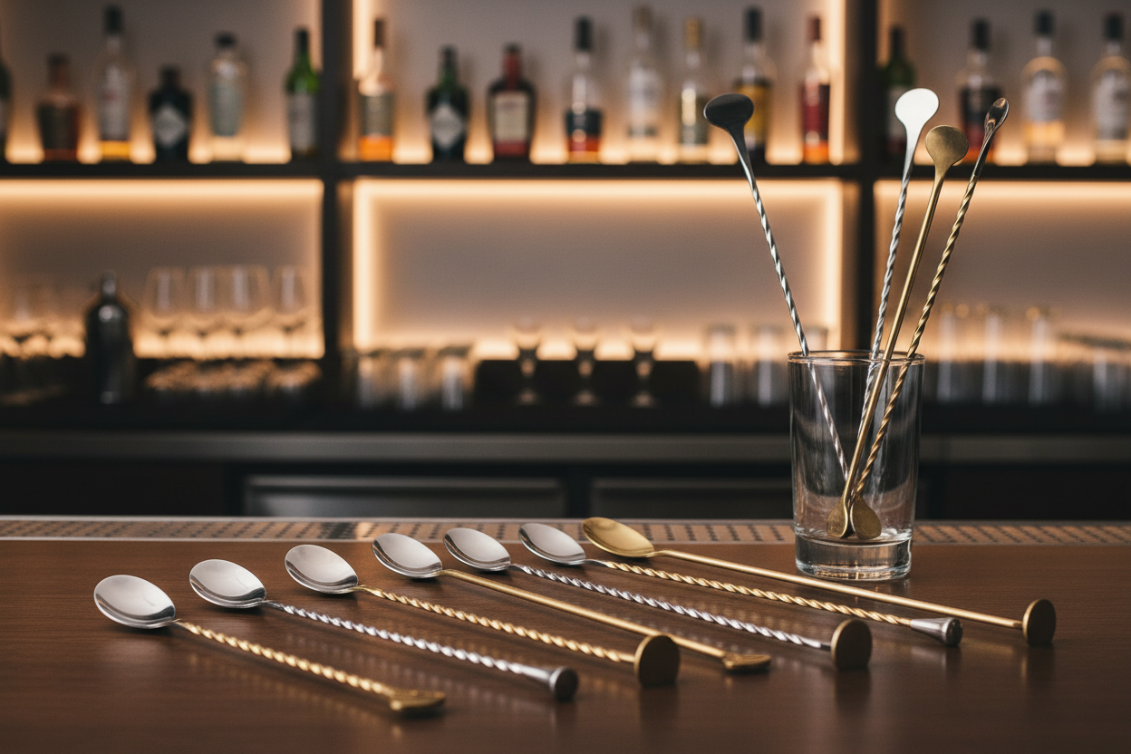display various sizes of cocktail spoons in a cocktail bar environment