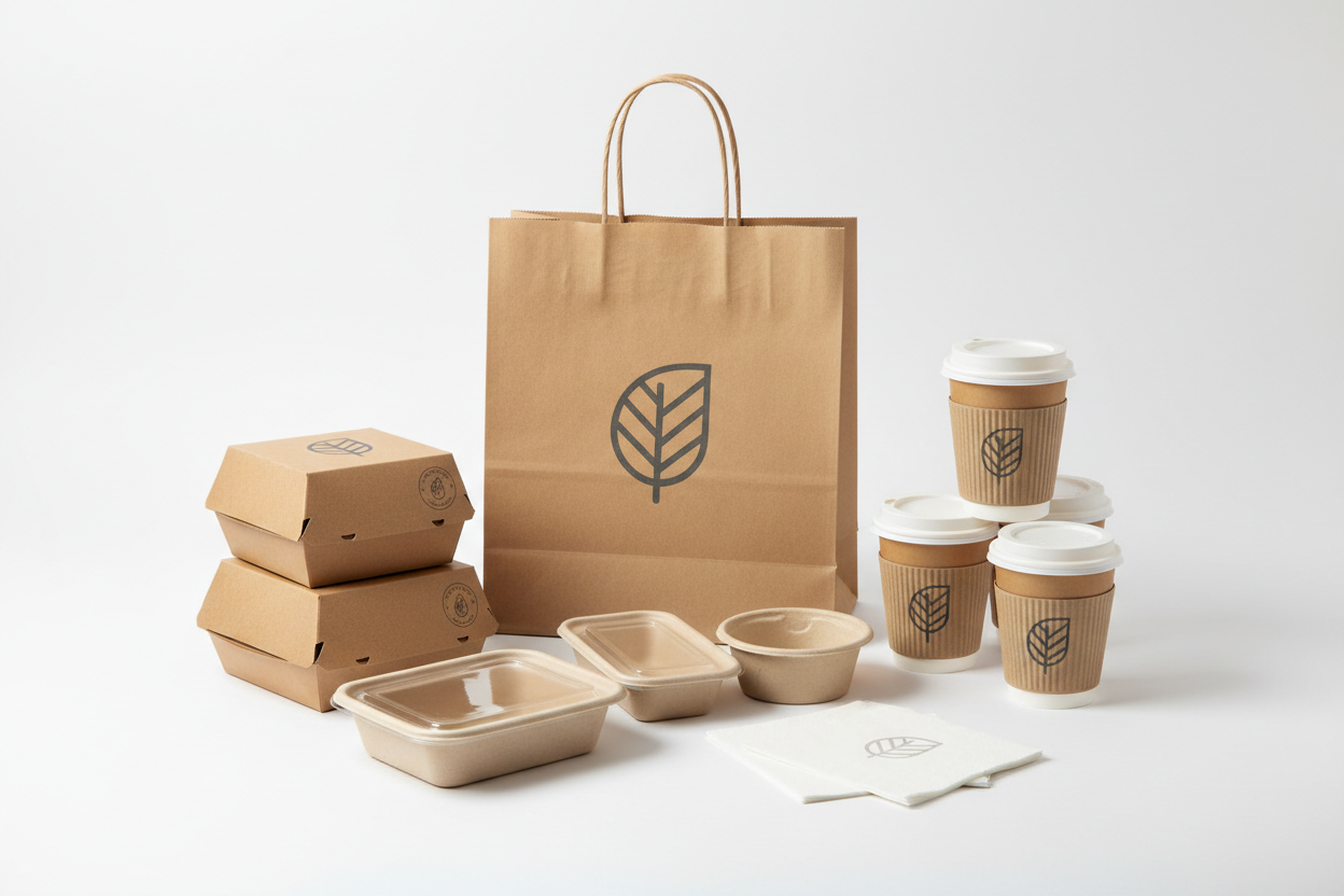 generate a range of takeaway packaging to include bags, burger boxes, coffee cups 