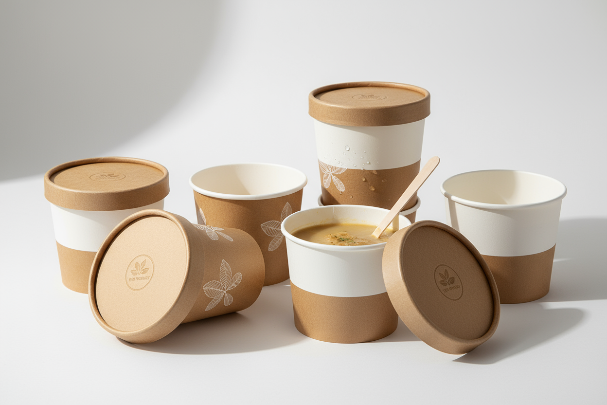 Kraft Brown And white soup containers with paper lids 
