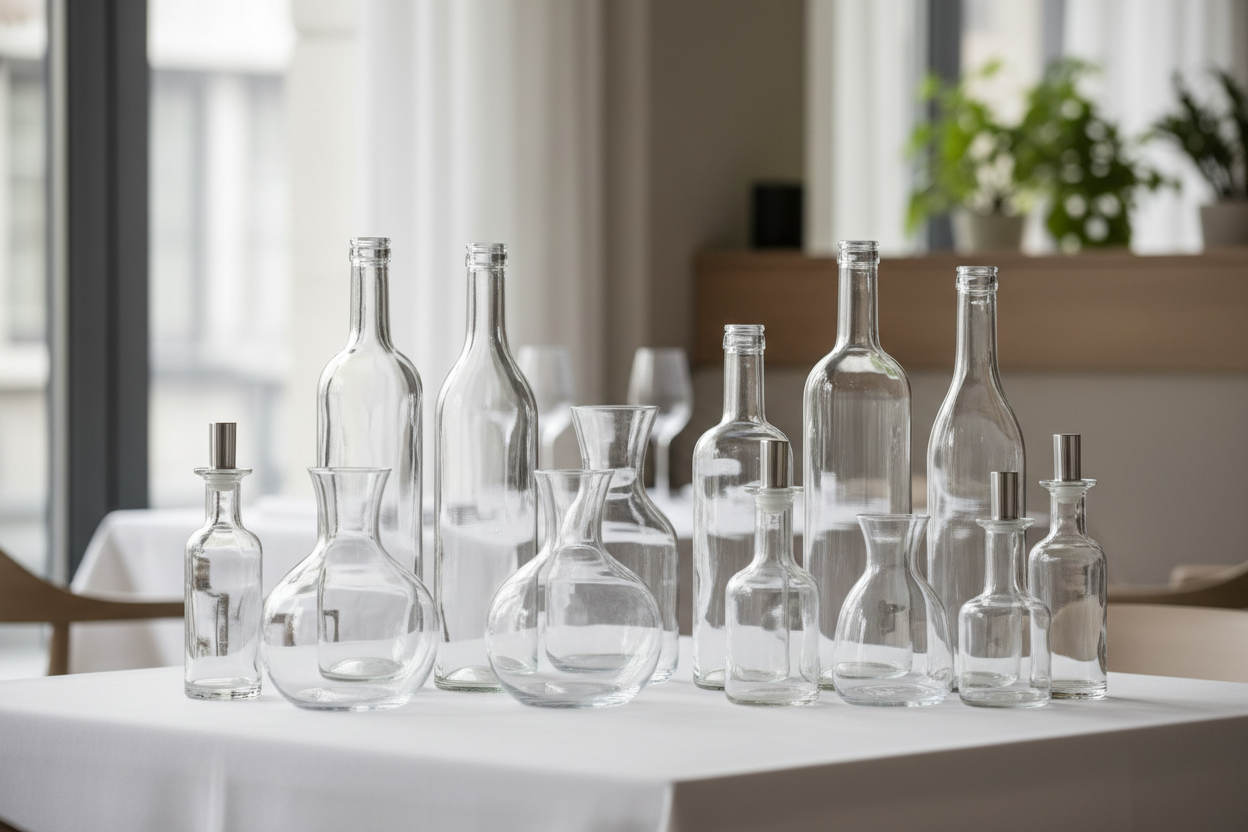 only display clear glass bottles in various sizes remove the drinking glasses 