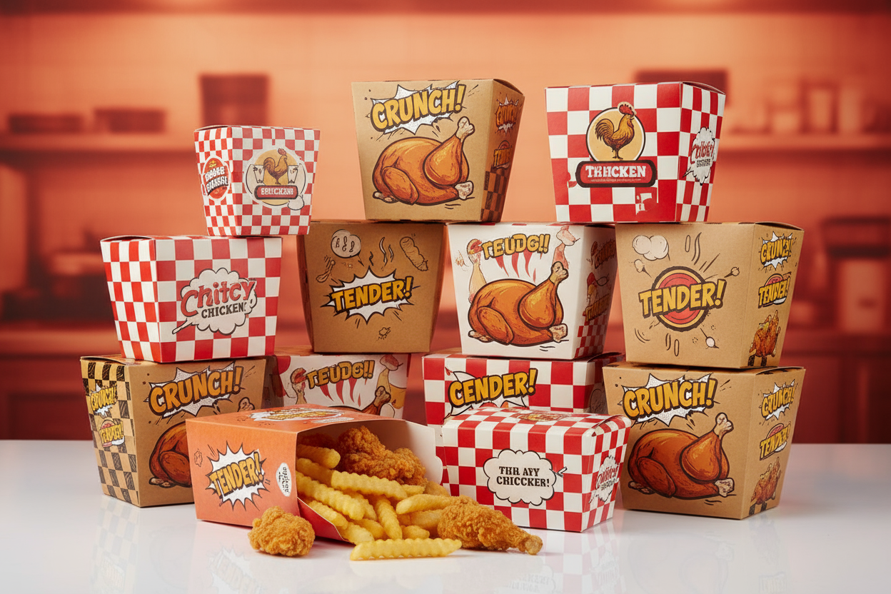 printed cardboard fried chicken takeaway boxes