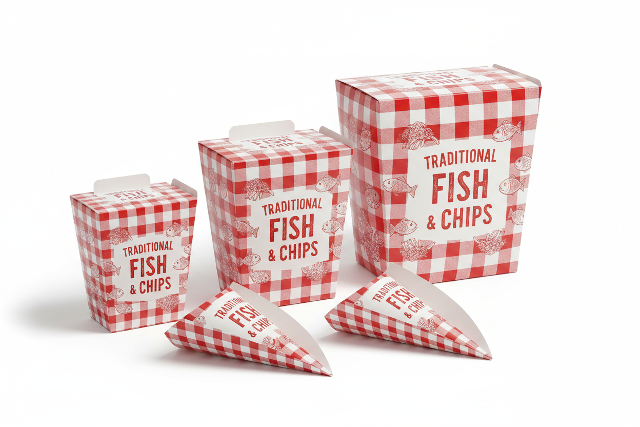 printed fish and chip boxes in 3 sizes and chip scoops in 2 sizes 