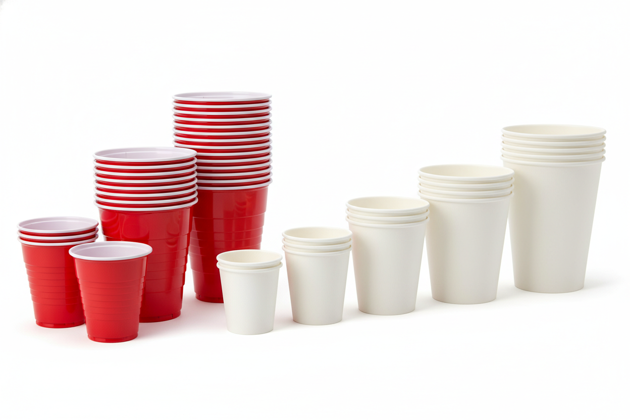 red plastic party cups 2 sizes, single wall carboard white disposable cups 5 sizes 