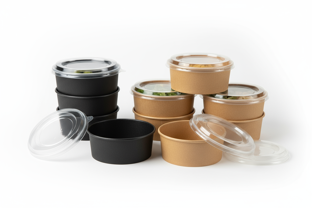round cardboard black and kraft bowl with plastic lids 