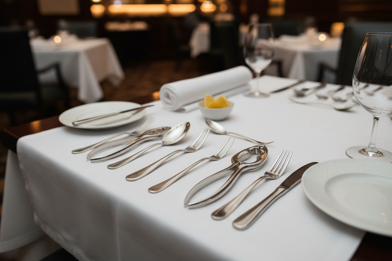 seafood pickers and crakers cutlery on a restaurant dinning table