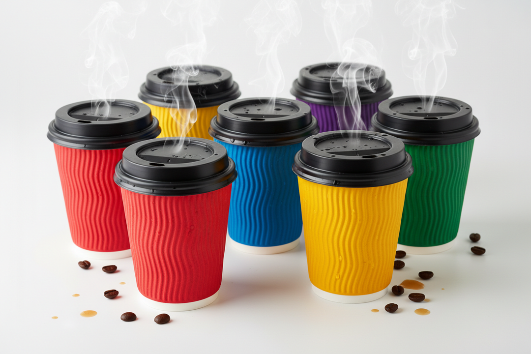 show me hot steaming coffee in various different coloured disposable coffee cups
