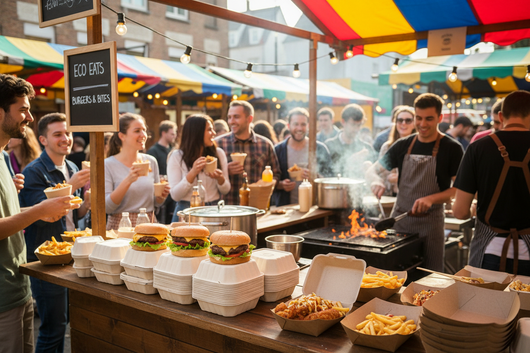 show  takeaway food card trays aswell as bagasse burger boxes in a street food environment 