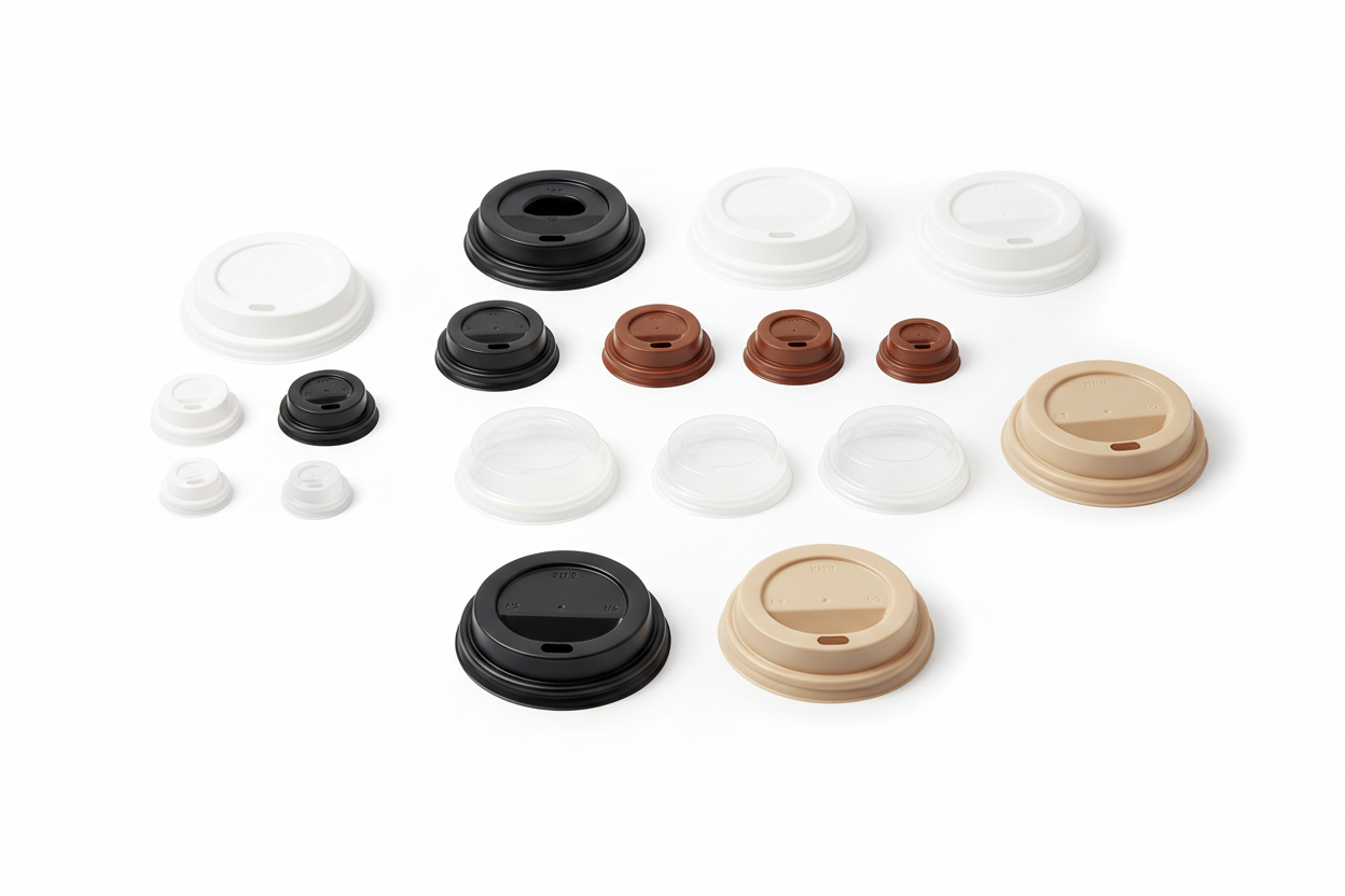 various different colours and sizes of disposable plastic coffee cup lids 