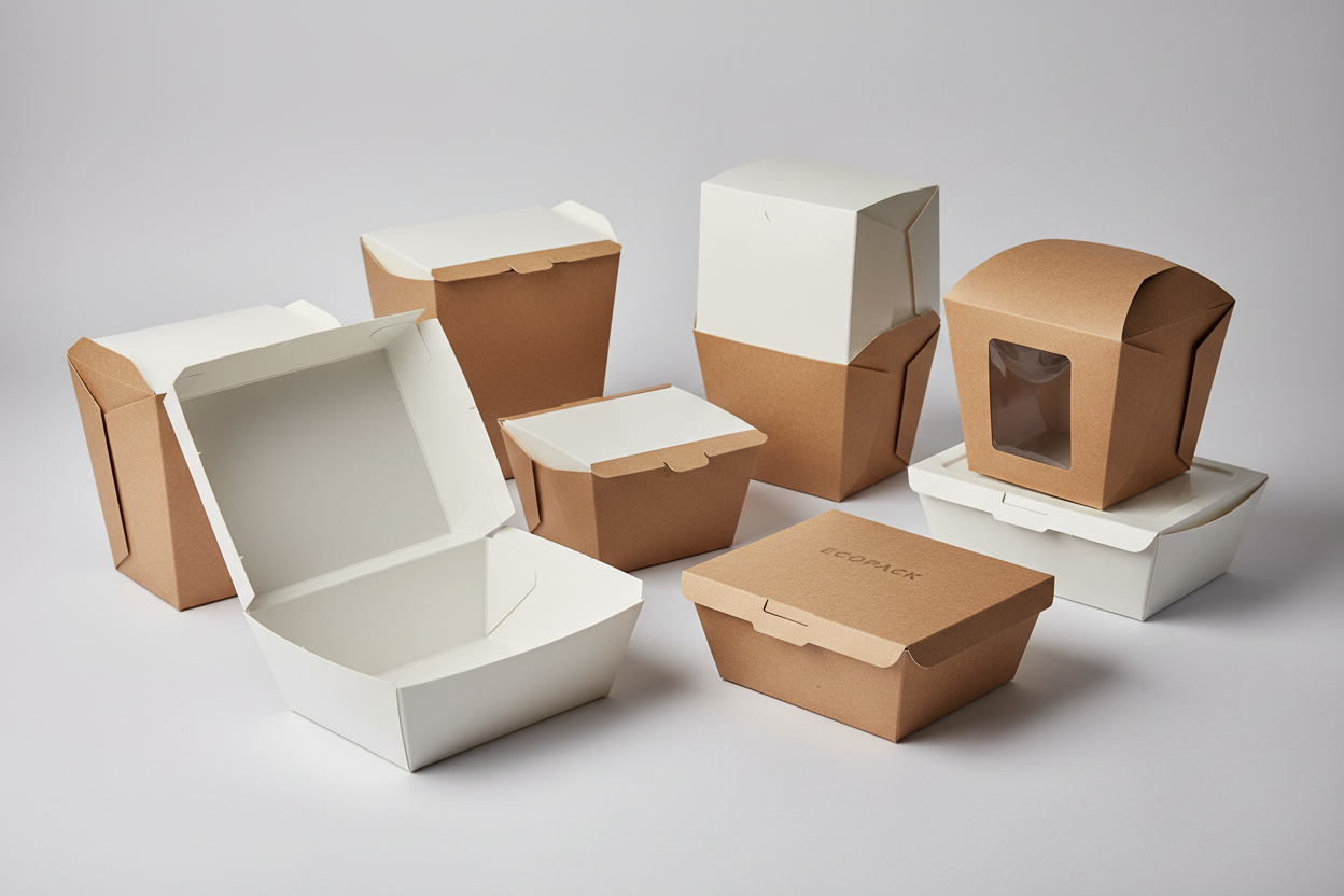 white and kraft brown cardboard meal boxes 