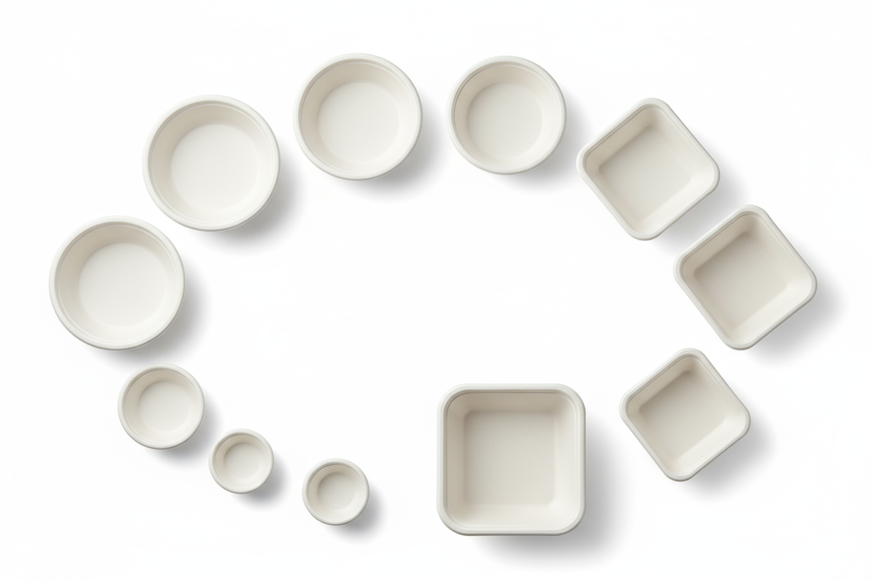 white bagasse disposable bowls round and square 11 different sizes
