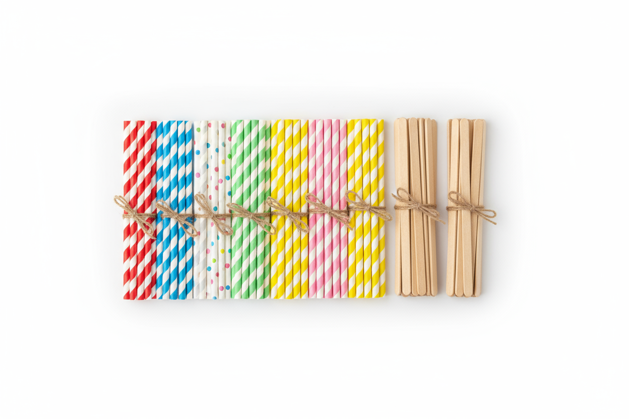 wooden stirrers, paper straws 7 designs ,  